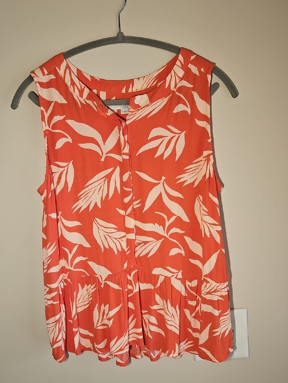 LOFT Coral Orange Leaf-Print Sleeveless Peplum Tank Medium